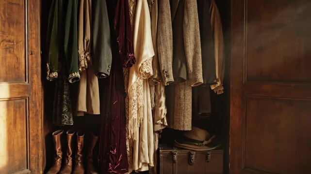 Antique wooden wardrobe with vintage clothes. Slow zoom into an open armoire in a sunlit room. Classic interior design and fashion concept