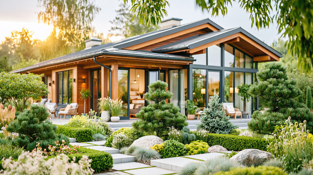 Beautiful Landscaped Front Yard with Manicured Evergreen Shrubs and Modern House