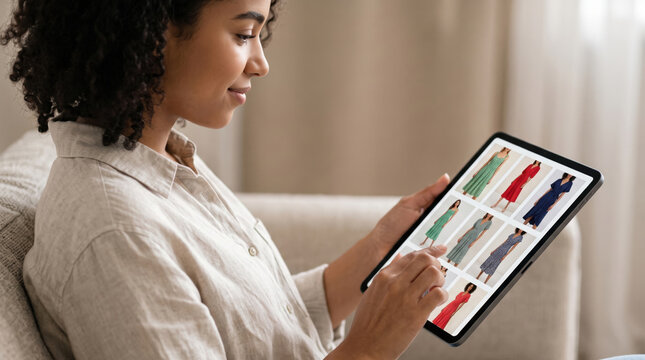 Young woman browsing fashion dresses on tablet computer screen while sitting on sofa at home, online shopping and e-commerce concept