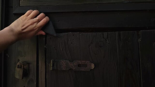 woman slides a rustic wooden bolt on a dark wooden door, vintage locking mechanism, home security, property protection, close up.
