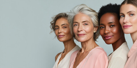 Fototapeta premium Four women of different ages and ethnicities posing gracefully. The image highlights diverse beauty and confidence
