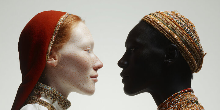 Two people in profile, facing each other, one with fair skin and a red head covering, the other with dark skin and a patterned head covering