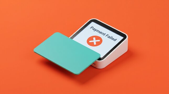 Payment failed transaction, a white square credit card reader displaying 'Payment Failed' with a red cross icon, a teal green credit card inserted, financial error concept