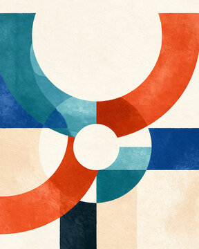 Geometric abstract with circular and rectangular forms in blue, orange, and cream