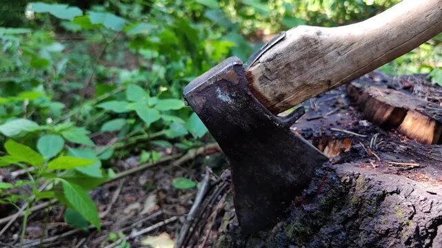Old axe embedded in a weathered tree stump in the forest, firewood preparation, woodcutting equipment, rustic outdoor work, forestry industry.