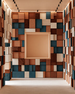 Geometric wall shelving unit with square compartments in blue, terracotta, and off-white colors