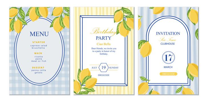 Italian set cards template design. Mediterranean ceramic patterns and tiles with lemons in blue, white and yellow tones. Banners for invintation menu