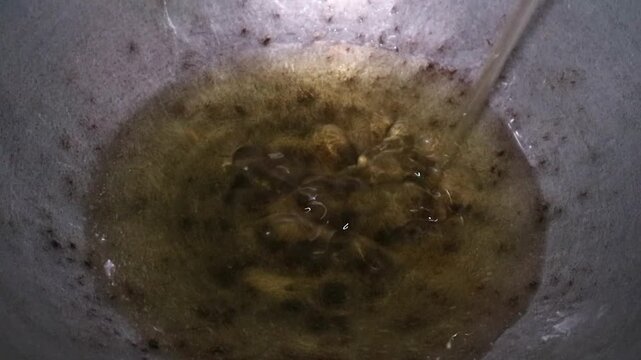 Hot oil being poured into a metal wok for deep frying food.
