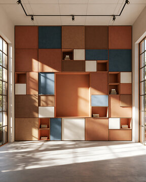 Modular wall storage system with rectangular cubbies in earthy tones and natural sunlight