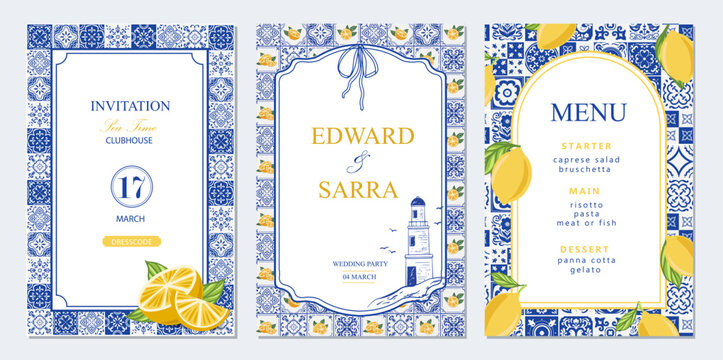 Italian set cards template design. Mediterranean ceramic patterns and tiles with lemons in blue, white and yellow tones. Banners for invintation menu