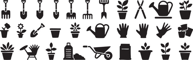 Collection of gardening icons featuring shovels pots and various outdoor planting equipment © Golam