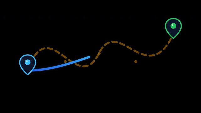 Animated route optimization showing a long inefficient path changing into a shorter delivery route with location pins, scanning effect, moving truck, and successful destination indicator on a transpar