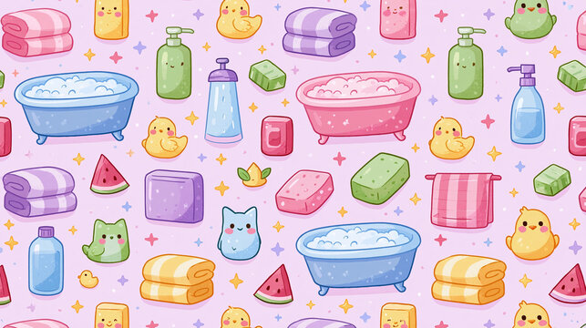 Playful pastel bathroom pattern featuring cute ducks, towels, and bath products.