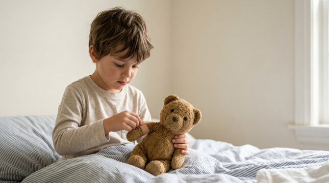 Young boy applying bandage to teddy bear on bed