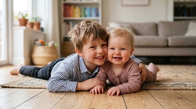 Happy siblings sharing a tender moment on the floor indoors