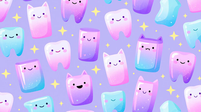 Cute pastel pattern featuring colorful smiling teeth and soft shapes.