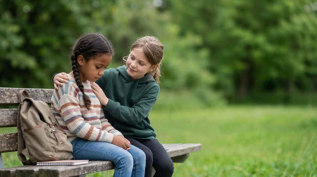Girl comforts sad friend on park bench with backpack and notebook