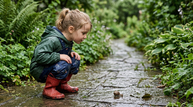 Young child in rain gear crouches to observe a snail on a wet garden path