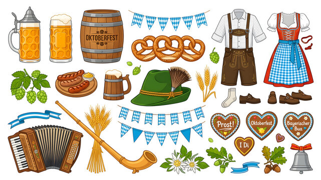 Oktoberfest Bavarian festival vector element set isolated on white background, beer mug, pretzel, lederhosen, dirndl, accordion, alphorn, sausage, and gingerbread heart for Munich beer party decor.