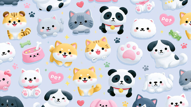 An adorable pattern featuring various cute cartoon pets including cats and dogs.