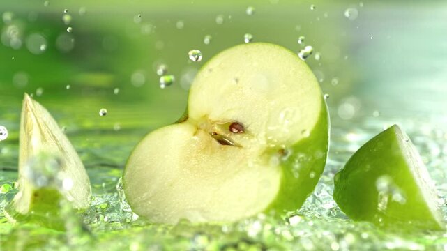 Super Slow Motion Shot of Fresh Apple Falling into Water and Making Splash at 1000fps.