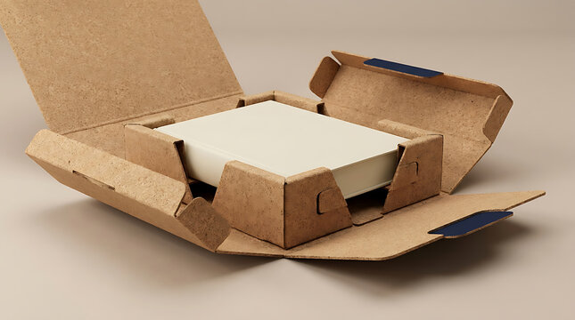 Open cardboard shipping box with internal protective packaging and a rectangular inside