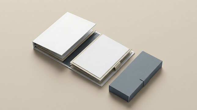 Open stationery folder with blank paper sheets and a matching gray slipcase box mockup