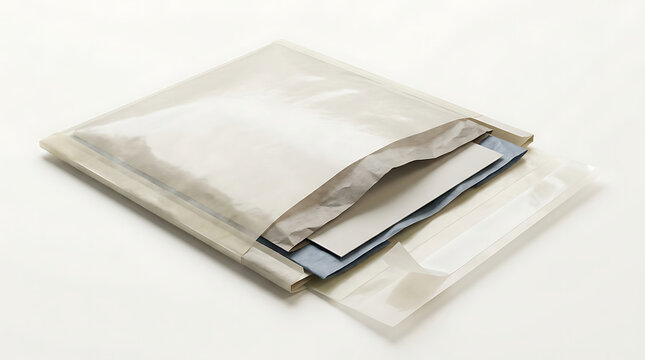 Padded shipping envelope containing documents on a plain off-white surface