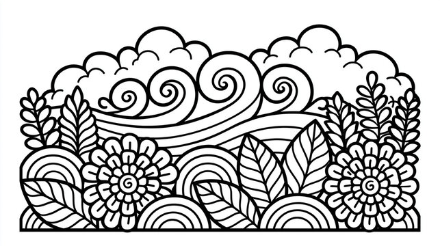 Intricate monochrome illustration of waves and flowers with swirling patterns.