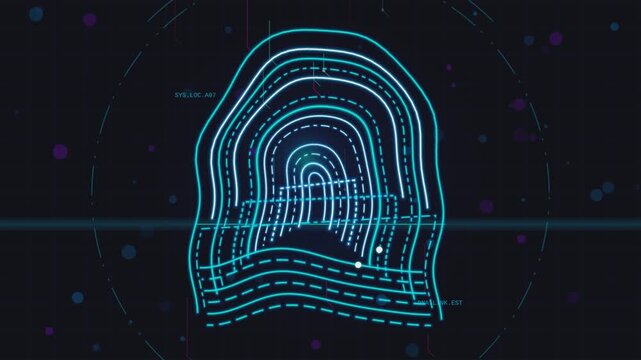 Abstract biometric fingerprint scan progression against dark digital background with subtle particles