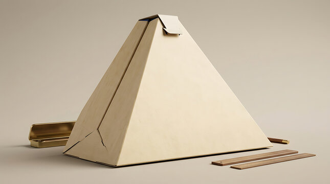 Pyramid shaped cardboard box with wooden slats and metal components on neutral