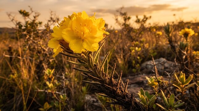 A solitary yellow flower blooms vibrantly in a dry, sun-drenched landscape, its petals catching the golden light of dusk, evoking a sense of resilient beauty and natural wonder.