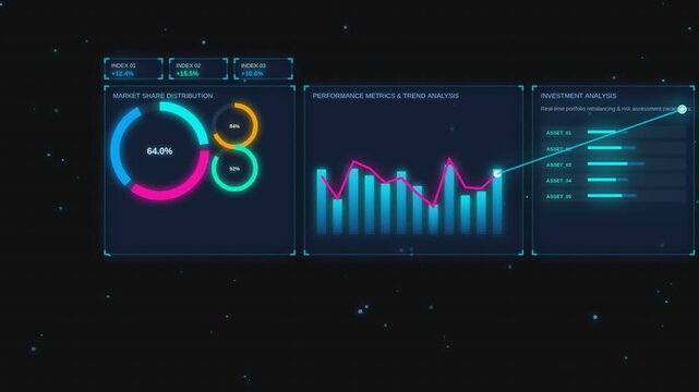 Abstract digital data visualization with glowing charts and graphs during a futuristic presentation in dark studio
