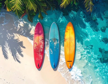 Vibrant Surfboards Resting on a Tropical Beach