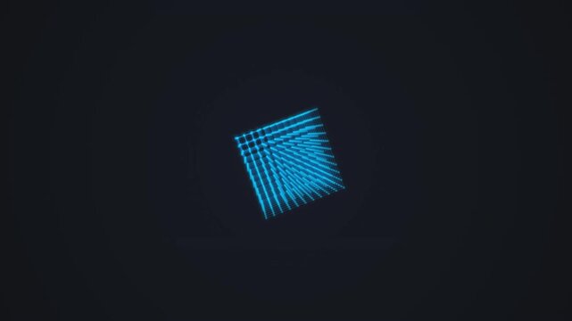 Blue Geometric Cube rotating in dark studio with subtle motion blur