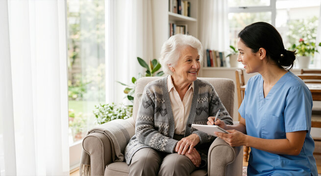 Friendly nurse visiting elderly woman at home. Healthcare worker in blue scrubs taking notes and talking with smiling senior patient. Home care and medical support concept