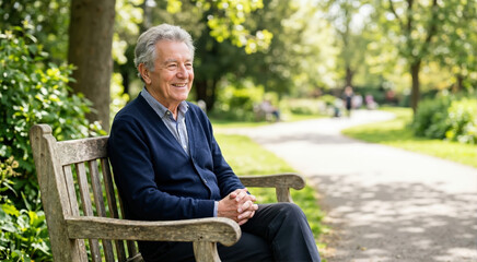 Fototapeta premium Smiling elderly man sitting on a wooden bench in a park. Happy senior male relaxing outdoors on a sunny day. Active retirement and leisure lifestyle concept