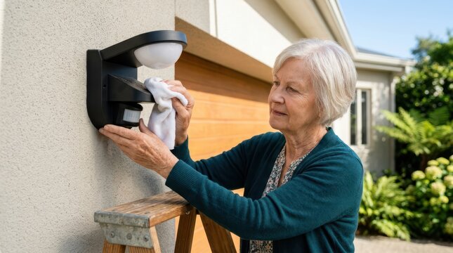 Senior woman standing on step stool wiping dust off outdoor wall light fixture near house entrance.