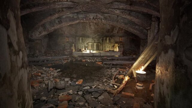 Candlelit Stone Altar in Ruined Underground Crypt, Slow Push In