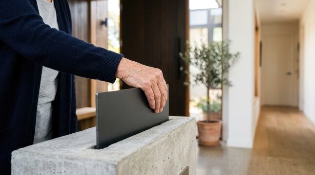 Senior person hand placing sleek black mail slot flap plate onto modern stone pedestal outdoors.