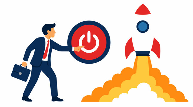 Businessman in suit pressing red power start button to launch rocket, flat design illustration symbolizing startup venture launch, entrepreneurship success