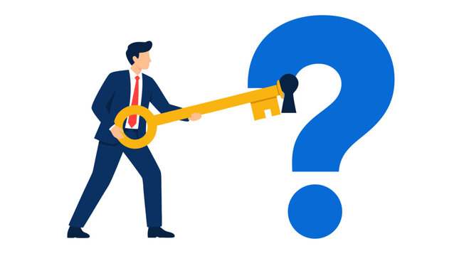 Businessman in suit holding giant golden key unlocking a large blue question mark, problem-solving, solution concept, flat vector illustration on white background