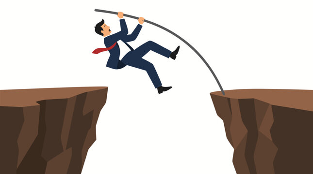 Businessman mid-fall while pole vaulting across a cliff gap, bold flat colors vector illustration depicting corporate risk and failed ambition