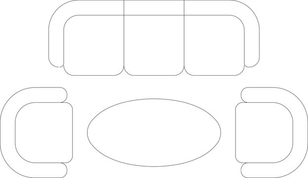 Top plan view vector drawing of a living room seating arrangement featuring a three-seater sofa, two matching armchairs, and a central oval coffee table.