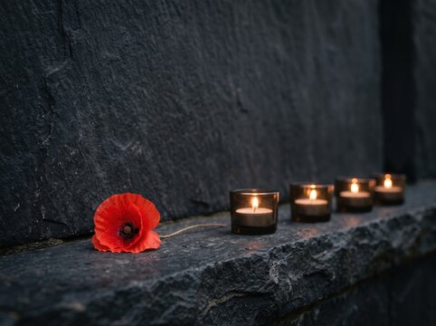 Single red poppy with glowing memorial candles on dark stone ledge at dusk for remembrance background and solemn tribute banner