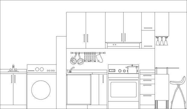 Front elevation vector drawing of a combined kitchen and utility room layout featuring base and wall cabinets, a washing machine, an oven with a range hood, a sink, hanging utensils
