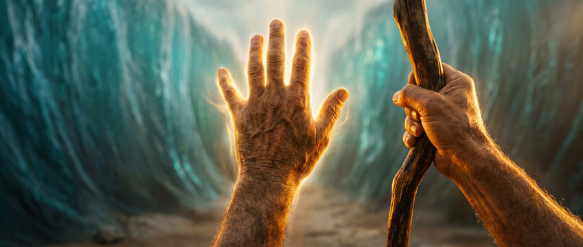 Moses hands parting the Red Sea. Prophet holding wooden staff with divine power to divide ocean water. Biblical miracle, faith and spiritual deliverance concept for religious teaching.