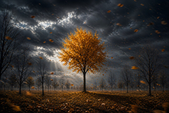 Single Autumn Tree Standing Strong in Storm While Others Lose Their Leaves, Resilience Concept
