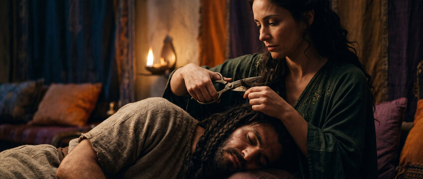 Woman cutting hair of sleeping man. Delilah betraying Samson to steal his strength. Biblical story scene of betrayal and loss of power. Historical drama cinematic composition.