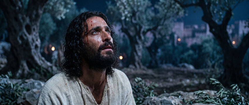 Man as Jesus praying in the Garden of Gethsemane. Religious scene showing divine struggle and surrender to God will. Biblical cinematic concept reflecting faith, sorrow and devotion.